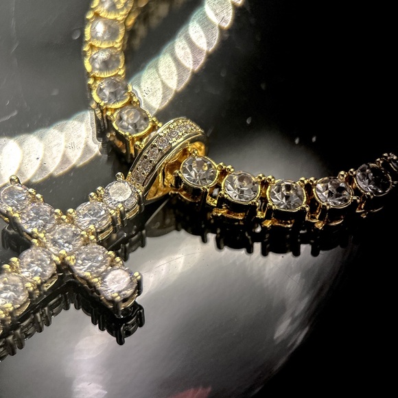 Gold Plated Sterling Silver Tennis Chain Necklace 20” with CZ Cross Pendant - Picture 4 of 6